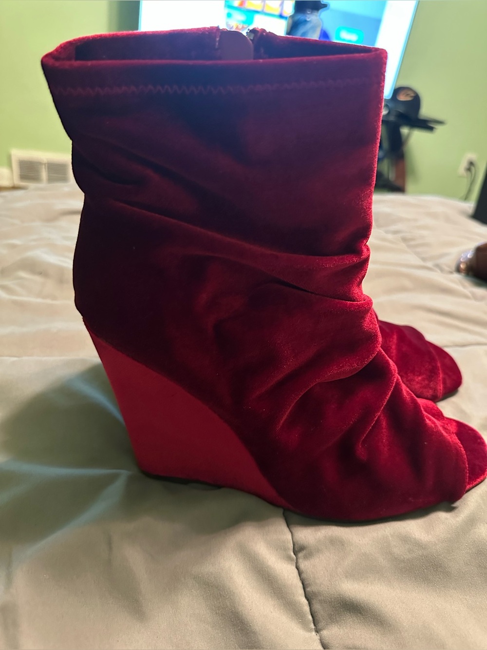 Ashley Stewart Women’s Red Velvet Wedge Ankle Boots
